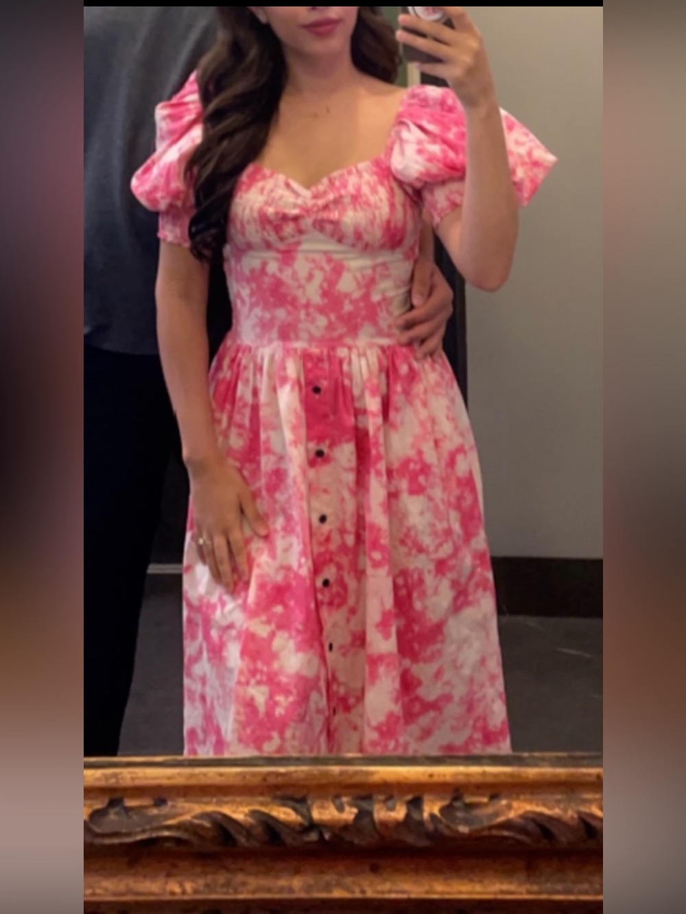 Pink Tie-Dye Puff-Sleeve Button-Front Casual Dress